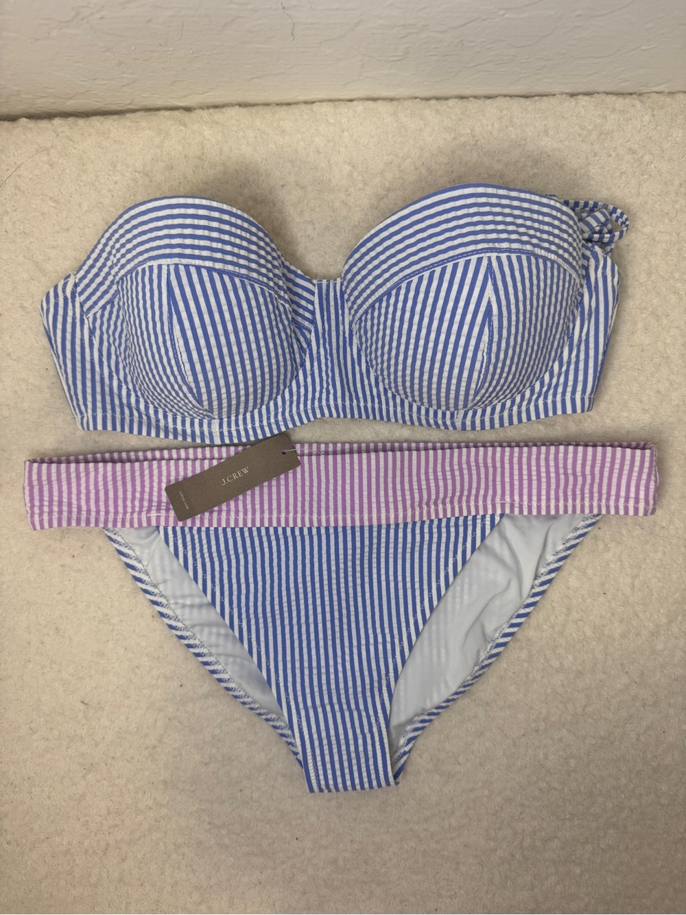 J. Crew Blue and White Striped Bikini with Pink Waistband